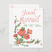 Net getrouwd Bloemen Koraal Roze Bloemen bruiloft Aankondigingskaart (Voorkant / Achterkant)