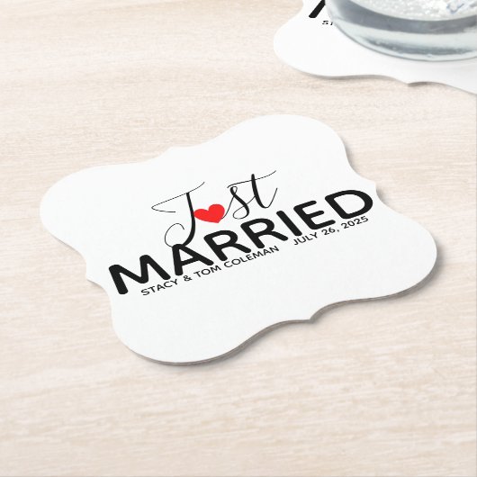 Net getrouwd bruiloft op maat kartonnen onderzetters (Gekanteld)