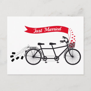 Net getrouwd, bruiloft tandem fiets aankondigingskaart