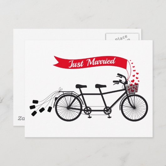 Net getrouwd, bruiloft tandem fiets aankondigingskaart (Voorkant / Achterkant)