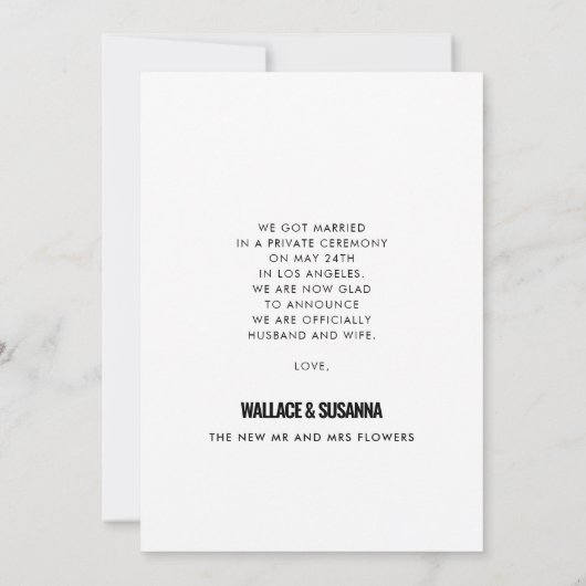 Net getrouwd Eenvoudige minimalistische trouwfoto Aankondiging (Achterkant)
