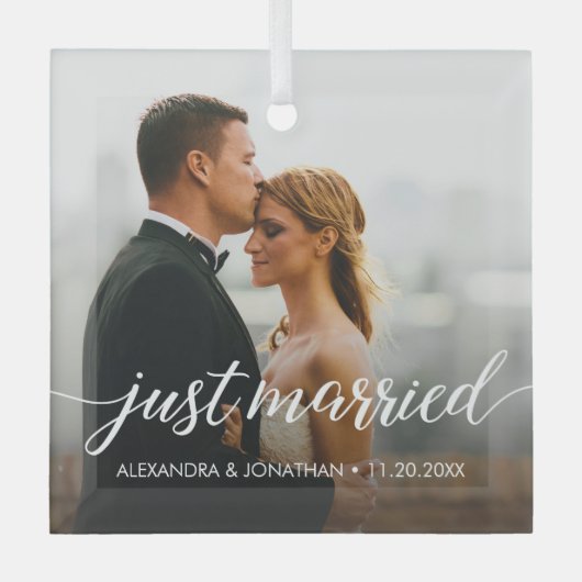 Net getrouwd eerste kerst aangepaste foto namen glas ornament (Voorkant)