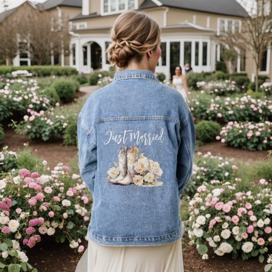 Net getrouwd Elegant Bloemen Cowgirl Laarzen Bruid Denim Jacket (Huwelijk Achterkant)