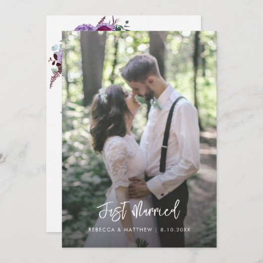 Net getrouwd Elegant bloemenscript trouwfoto Aankondiging (Voorkant / Achterkant)