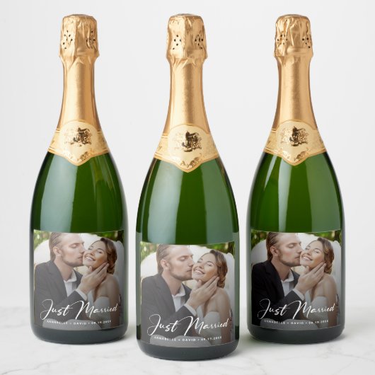 Net getrouwd Elegant Foto Bruiloft Sparkling Wijnetiket (Flessen)