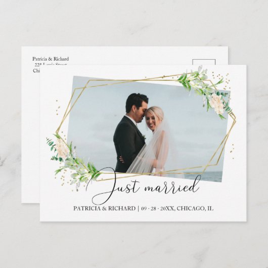 Net getrouwd Elegant Greenery Eloped aankondiging Briefkaart (Voorkant / Achterkant)