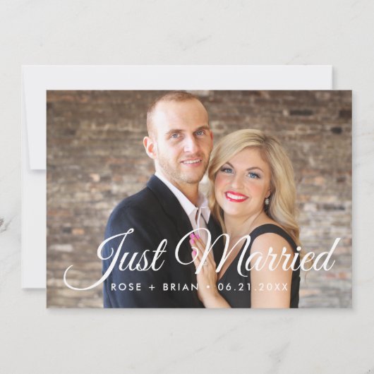 Net getrouwd Elegant Script Wedding Custom Foto Aankondiging (Voorkant)