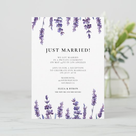 Net getrouwd Elegante lavendel huwelijksaankondigi Kaart (Staand voorkant)