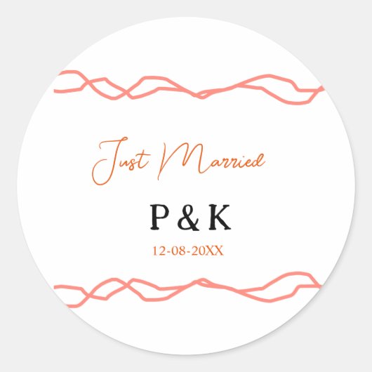 Net getrouwd en voeg de naam van het paar toe datu ronde sticker (Voorkant)