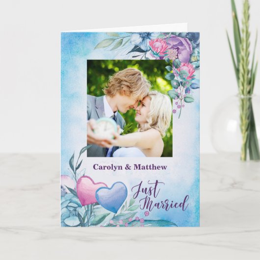 Net Getrouwd Foto Aankondiging Paars en Blauw (Voorkant)