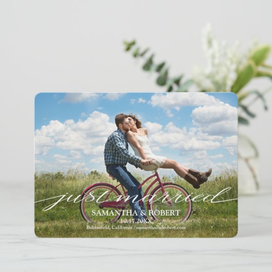 Net getrouwd Foto bruiloft aankondiging uitnodigin (Staand voorkant)