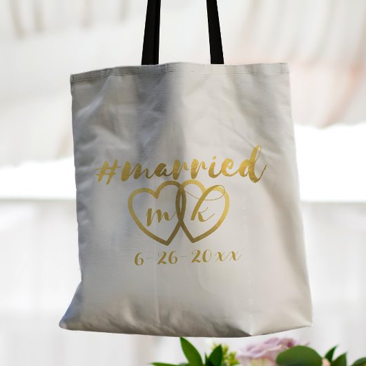 Net getrouwd Gold Heart Monogram bruiloft Tote Bag
