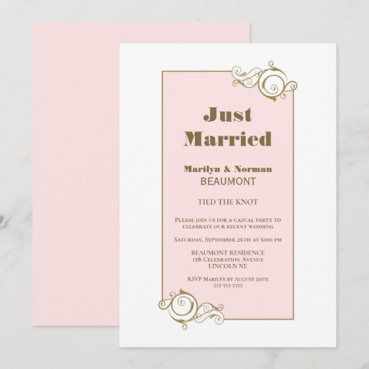 Net Getrouwd Gouden Frame Roze Huwelijksreceptie Kaart (Voorkant / Achterkant)