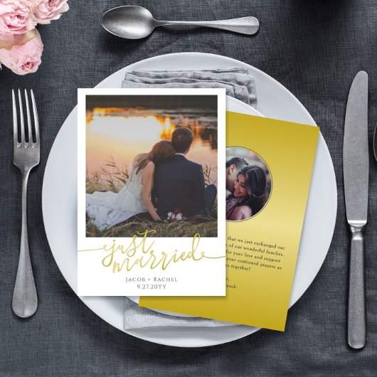 Net Getrouwd Gouden Script Overlay Foto Bruiloft Aankondiging