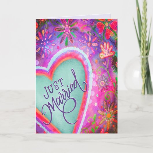 Net getrouwd  hart bloemenbruiloft Paarse Kaart (Voorkant)