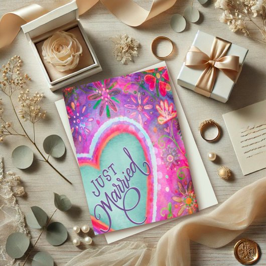 Net getrouwd  hart bloemenbruiloft Paarse Kaart