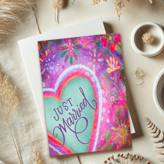 Net getrouwd hart bloemenbruiloft Paarse Kaart