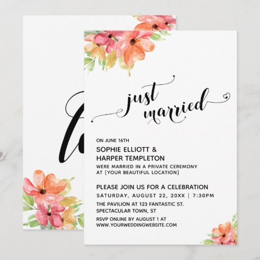 Net Getrouwd Hartjes Script Waterverf Bloemen Kaart (Voorkant / Achterkant)