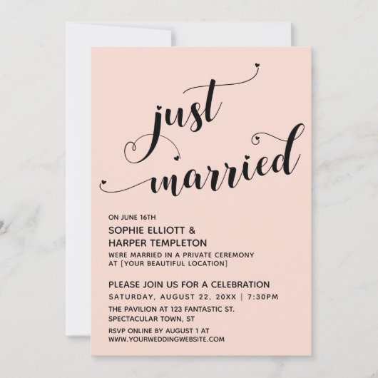 Net Getrouwd Hartjes Typografie Blush Ontvangst Kaart (Voorkant)