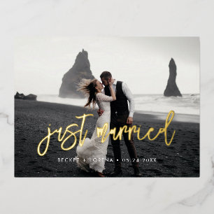 Net getrouwd Hedendaagse foto zwart en goud Folie Uitnodiging Briefkaart