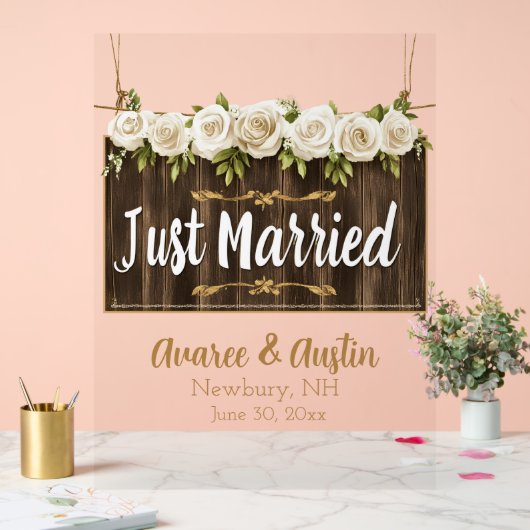 Net getrouwd hout teken witte rozen acryl bord (Huwelijk)