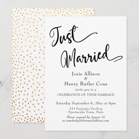 Net Getrouwd Huwelijksreceptie, Gouden Confetti Kaart (Voorkant / Achterkant)