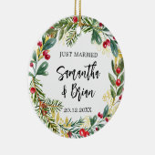 Net getrouwd Kerstbruiloft Keramisch Ornament (Rechts)