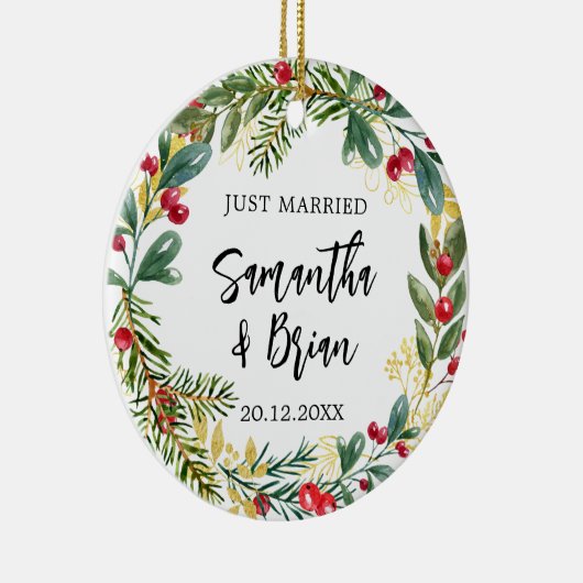 Net getrouwd Kerstbruiloft Keramisch Ornament (Rechts)