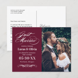 Net getrouwd Merlot Red Elegant Wedding Photo Aankondigingskaart