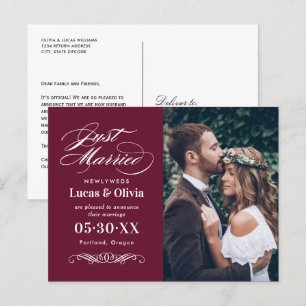 Net getrouwd Merlot Red Elegant Wedding Photo Aankondigingskaart