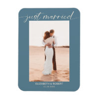 Net getrouwd Modern Script Foto Blauw Bruiloft