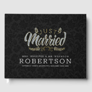 Net getrouwd moderne glam typografie zwarte damast gastenboek