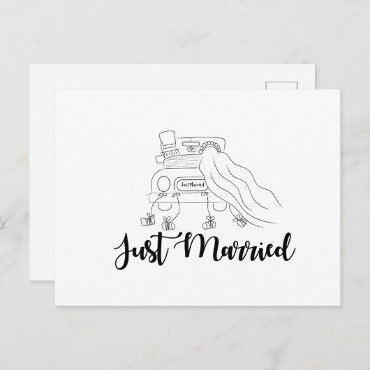 Net getrouwd paar in auto overzicht handgetekend aankondigingskaart (Voorkant / Achterkant)