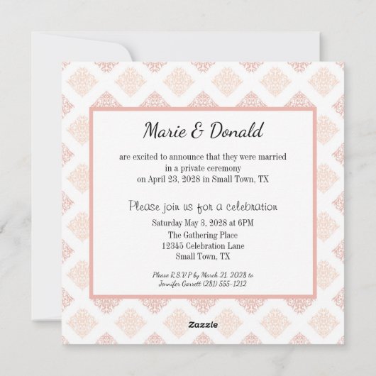 Net Getrouwd Perzik Blozend Damast Feestdagenkaart (Achterkant)