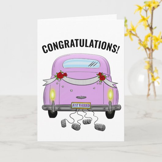 NET GETROUWD RETRO AUTO BRUILOFT WENSKAART KAART (Gele Bloem)