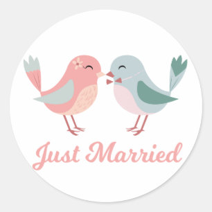 Net Getrouwd Roze & Blauwe Liefdesvogels Trouwdag Ronde Sticker