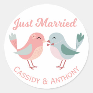 Net Getrouwd Roze & Blauwe Liefdesvogels Trouwen Ronde Sticker