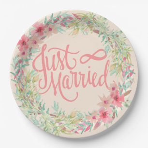 Net getrouwd  roze Blauwgroen koraal bloemontwerp Papieren Bordje