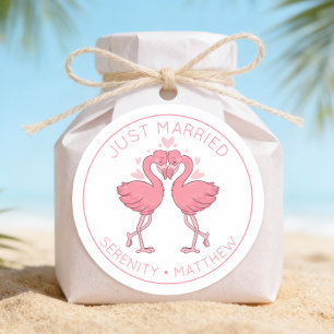 Net Getrouwd Roze Flamingo's Tropisch Strand Huwel Ronde Sticker