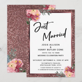 Net Getrouwd Roze Gouden Glitters en Bloemen Kaart