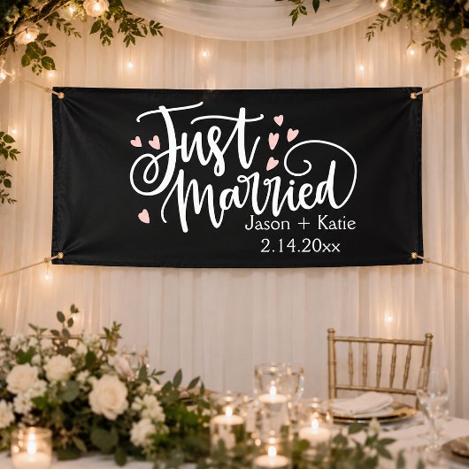 Net getrouwd roze harten script namen Trouwdag Spandoek