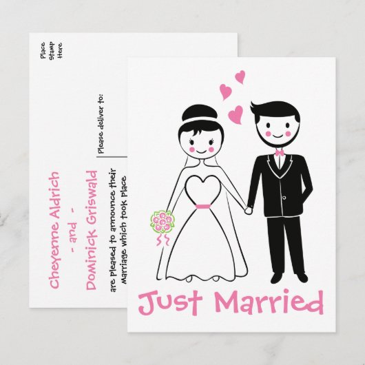 Net Getrouwd Roze Zwart Bruid Bruidegom Huwelijk Aankondigingskaart (Voorkant / Achterkant)