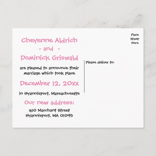 Net Getrouwd Roze Zwart Bruid Bruidegom Huwelijk Aankondigingskaart (Achterkant)