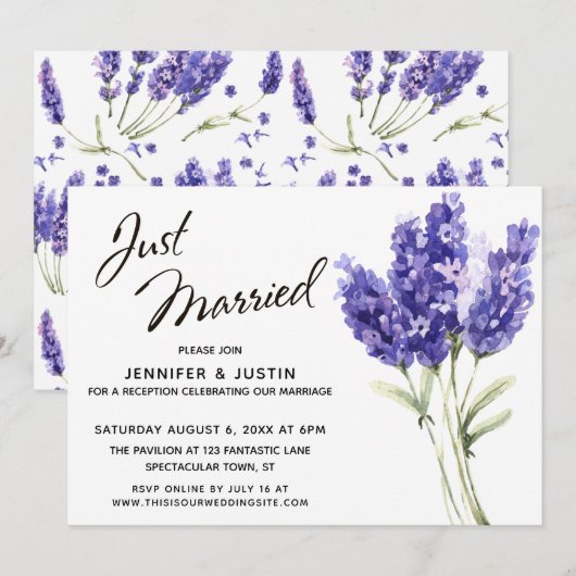 Net Getrouwd Script, Aquarel Lavendel Bloemen Kaart (Voorkant / Achterkant)