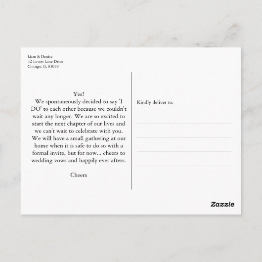 Net getrouwd script bruiloft aankondiging Elopemen Briefkaart (Achterkant)