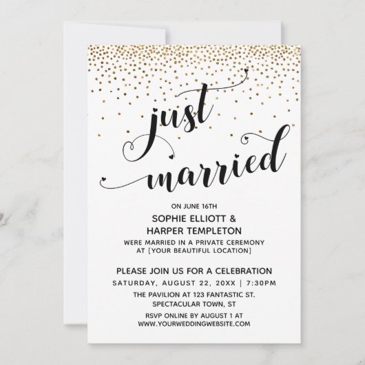 Net Getrouwd Script, Gouden Confetti, Alleen Ontva Kaart (Voorkant)