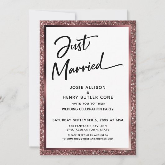 Net Getrouwd Script Roze Goud Glitter Reception Kaart (Voorkant)