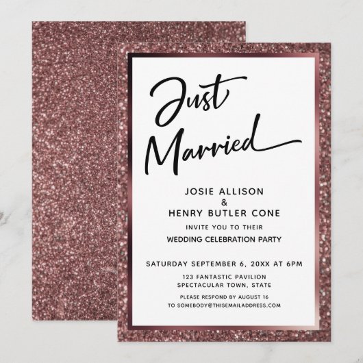 Net Getrouwd Script Roze Goud Glitters Ontvangst Kaart (Voorkant / Achterkant)