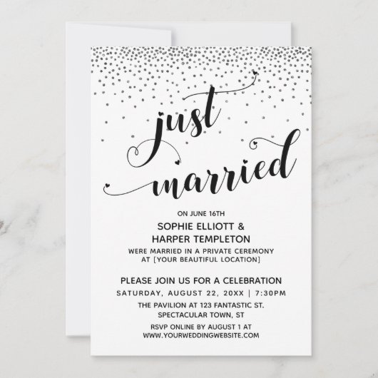 Net Getrouwd Script Zilver Confetti Ontvangst-Only Kaart (Voorkant)