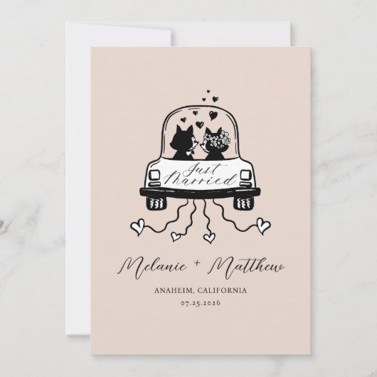 Net getrouwd trouwauto bruid & bruidegom vos foto aankondiging (Voorkant)